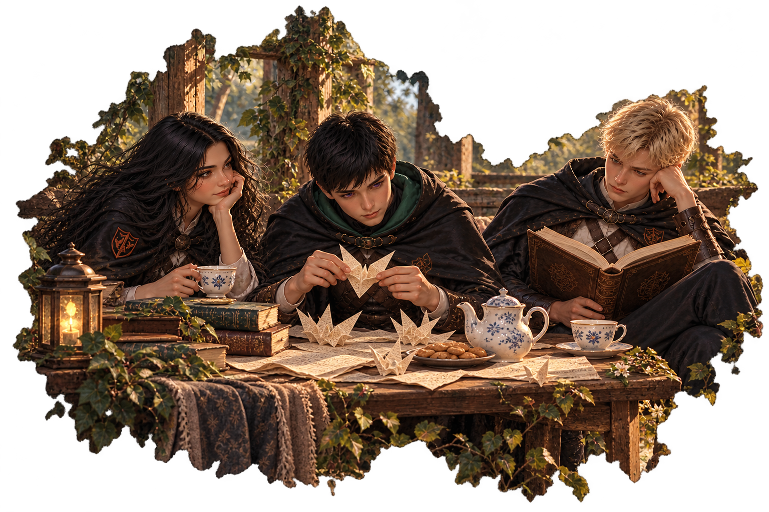 Three young academy students gathered around a table with books and paper figures